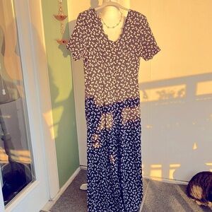 Vintage 80s 90s Black and White Polka Dot Bow Print Jumpsuit